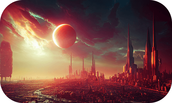 Città futuristica con luna rossa